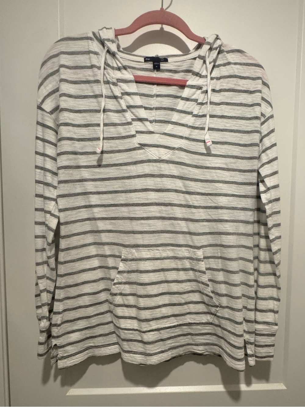 GAP Gray and White Stripe Long Sleeve Pullover with hood